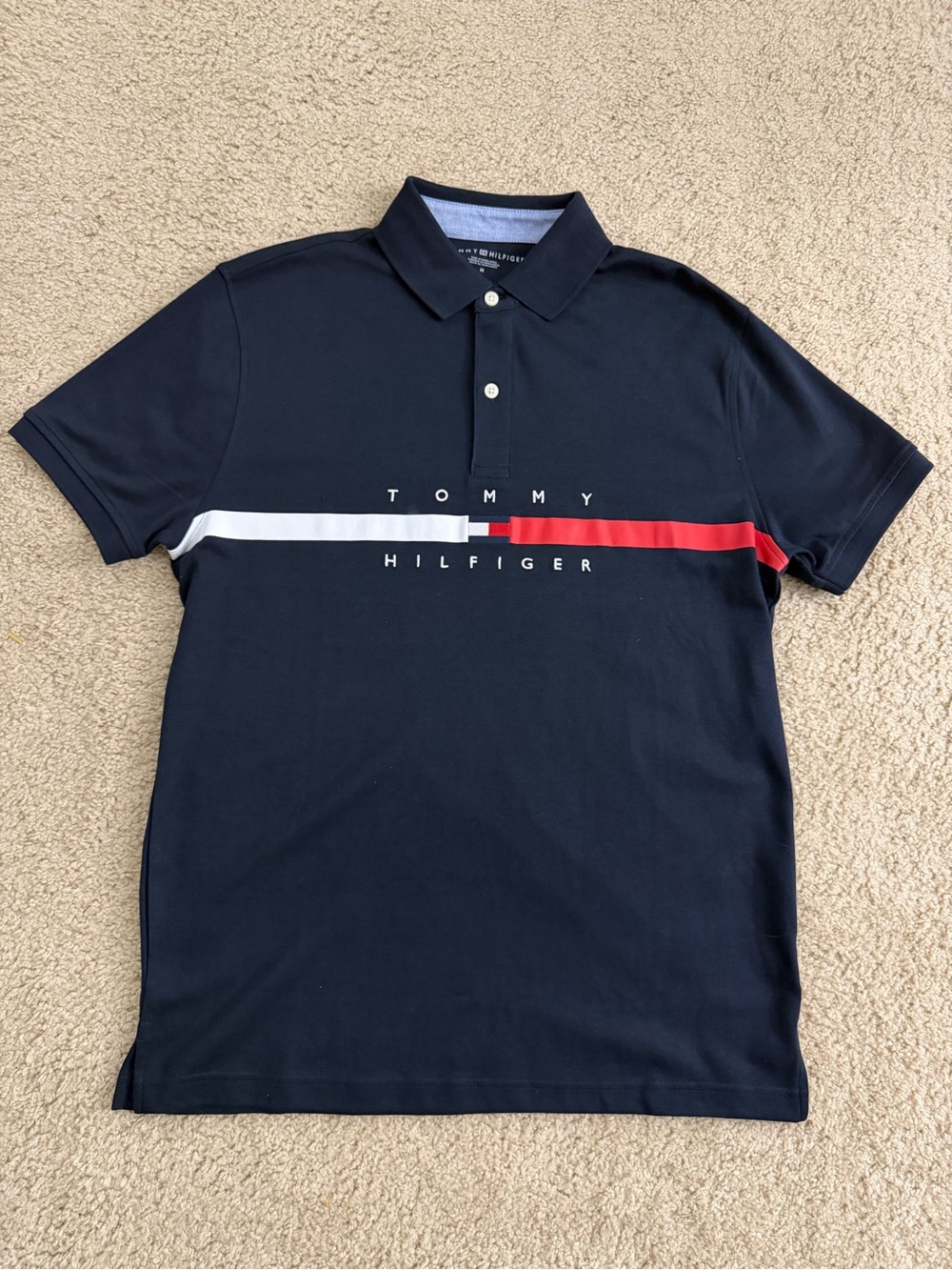 Tommy Hilfiger Navy Polo with White and Red Chest Stripe